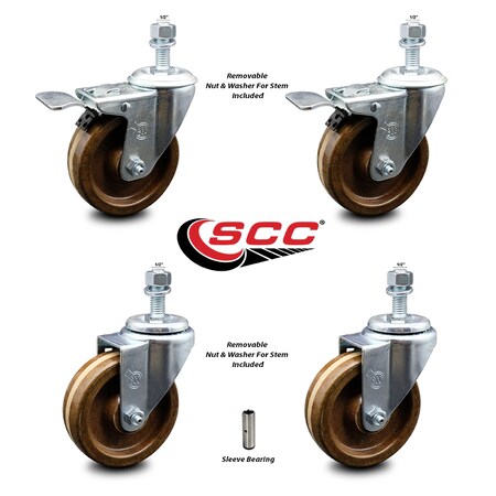 Service Caster 4 Inch High Temp Phenolic Wheel Swivel 1/2 Inch Stem Caster Total Lock Brake, 2PK SCC-TSTTL20S414-PHSHT-121315-2-S-2